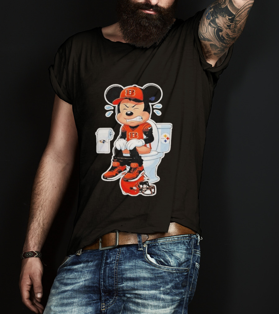Mickey Cincinnati Bengals Mascot On Toilet Rival Baltimore Ravens Steelers Football Helmet T-Shirt