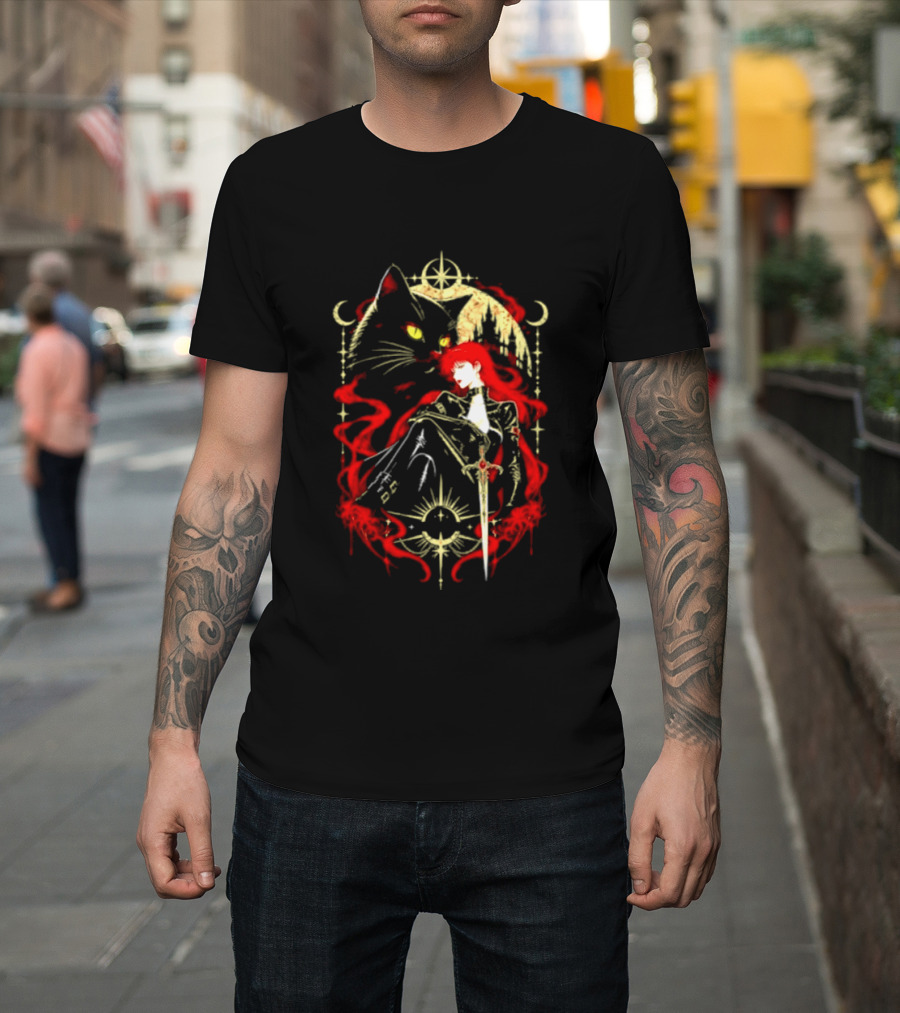 Gothic Red Haired Woman Black Cat Sword Magical T-Shirt