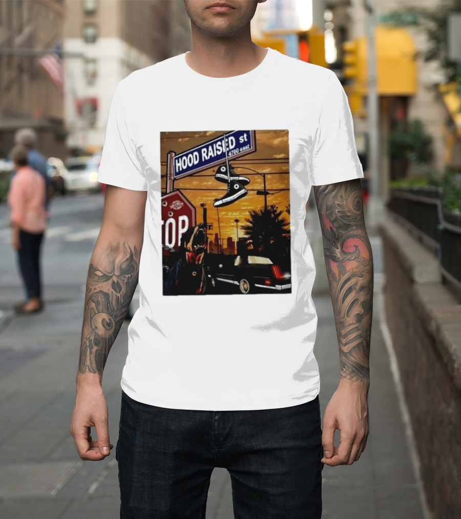 Hood Raised Street 4700 East Rottweiler Lowrider Sneakers And Sunset Urban Scene T-Shirt