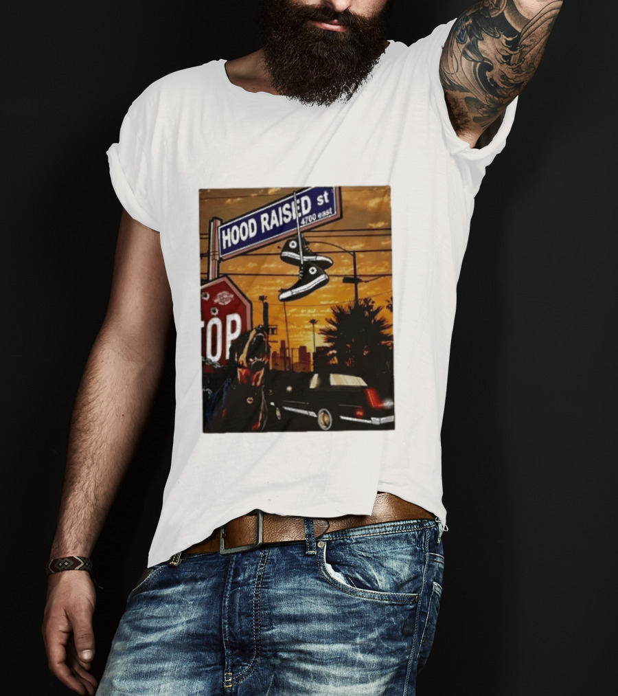 Hood Raised Street 4700 East Rottweiler Lowrider Sneakers And Sunset Urban Scene T-Shirt