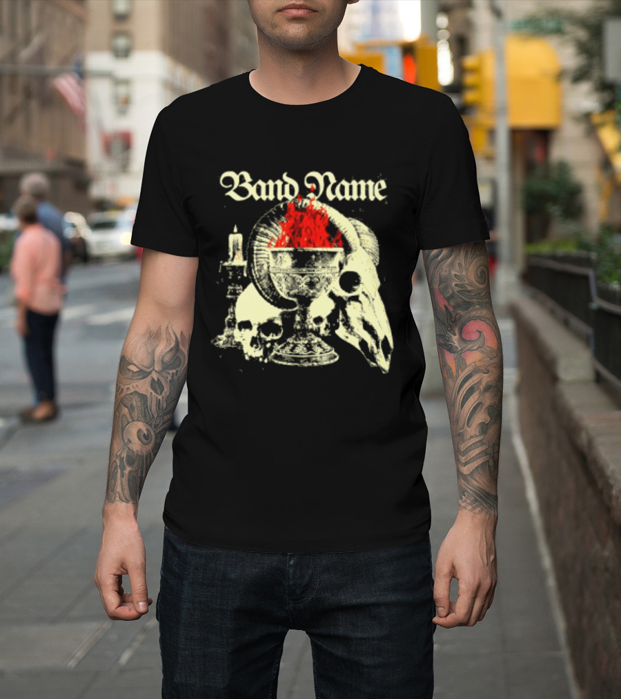 Band Name Skull Chalice Candle Flames Heavy Metal T-Shirt