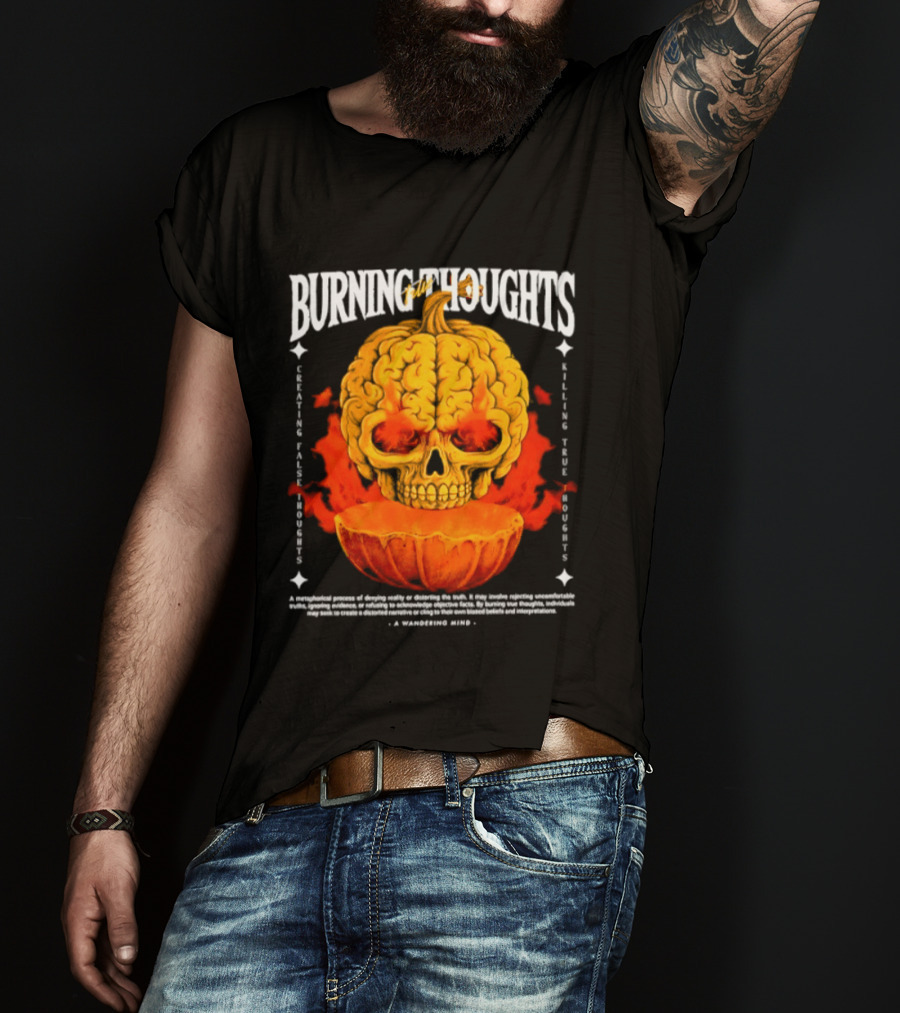 Burning Thoughts Halloween Skull Pumpkin Fire Poem T-Shirt