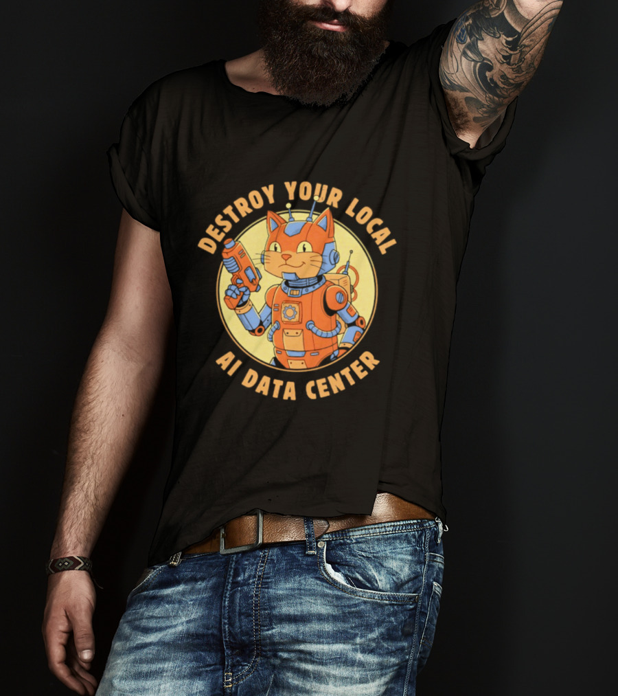 Destroy Your Local AI Data Center Robot Cat Retro Futuristic T-Shirt