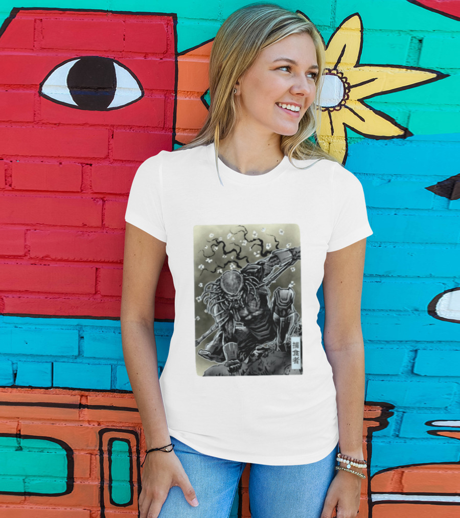 Yautja Samurai Mashup With Cherry Blossoms T-Shirt