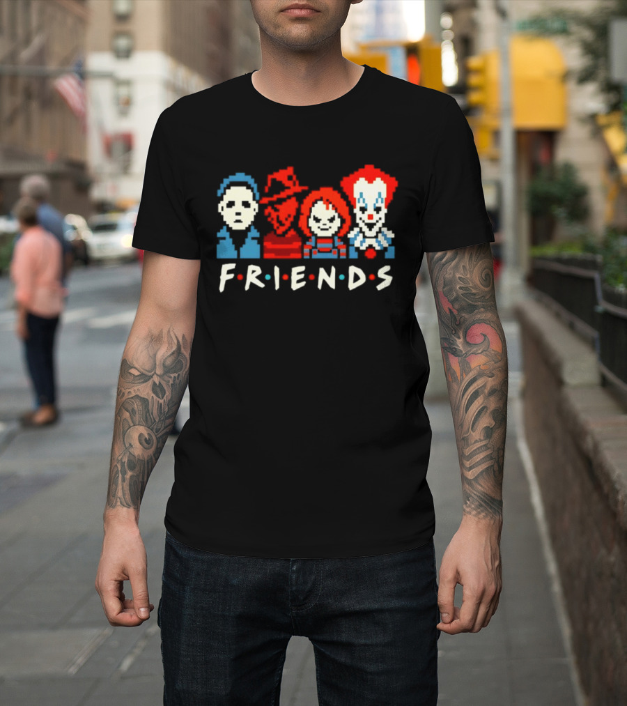 Friends Horror Movie Characters Pixel Art Michael Freddy Chucky Pennywise T-Shirt