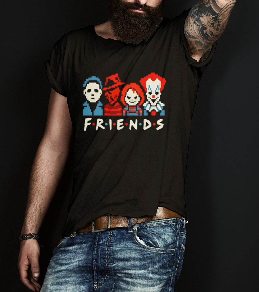 Friends Horror Movie Characters Pixel Art Michael Freddy Chucky Pennywise T-Shirt