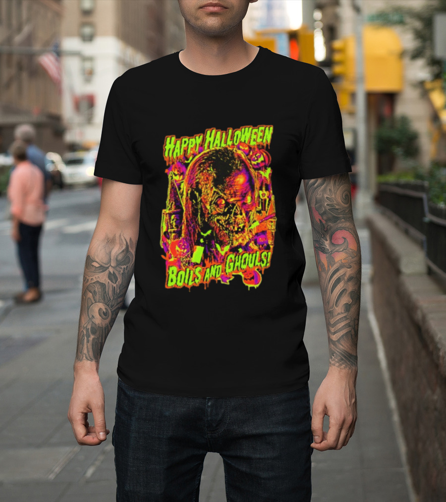 Happy Halloween Boils And Ghouls Horror Zombie Pumpkins Candles Spooky Scene T-Shirt