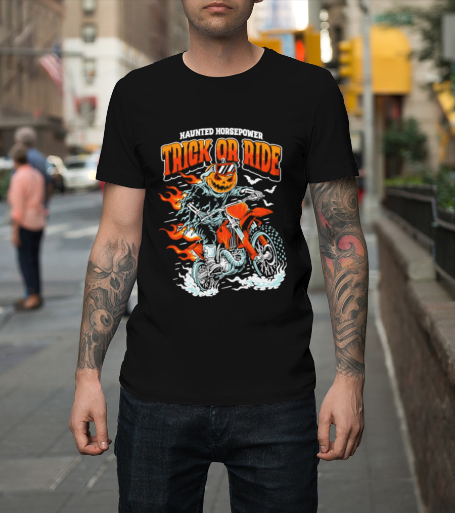Haunted Horsepower Trick Or Ride Halloween Pumpkin Motorcycle Flames T-Shirt