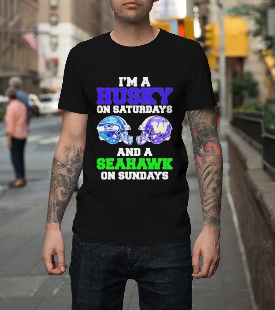 I'm A Husky On Saturdays And A Seahawk On Sundays Football Helmet Helmets T-Shirt