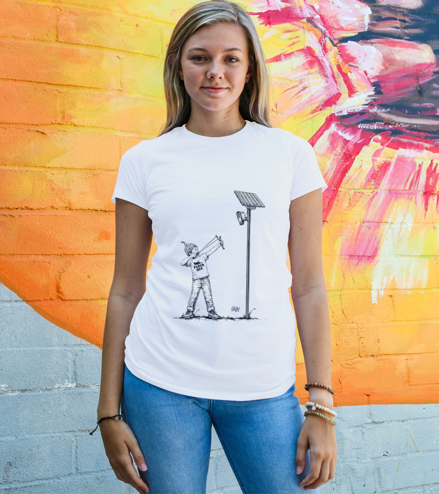 Boy With Slingshot Targeting Solar Camera Flock Off T-Shirt