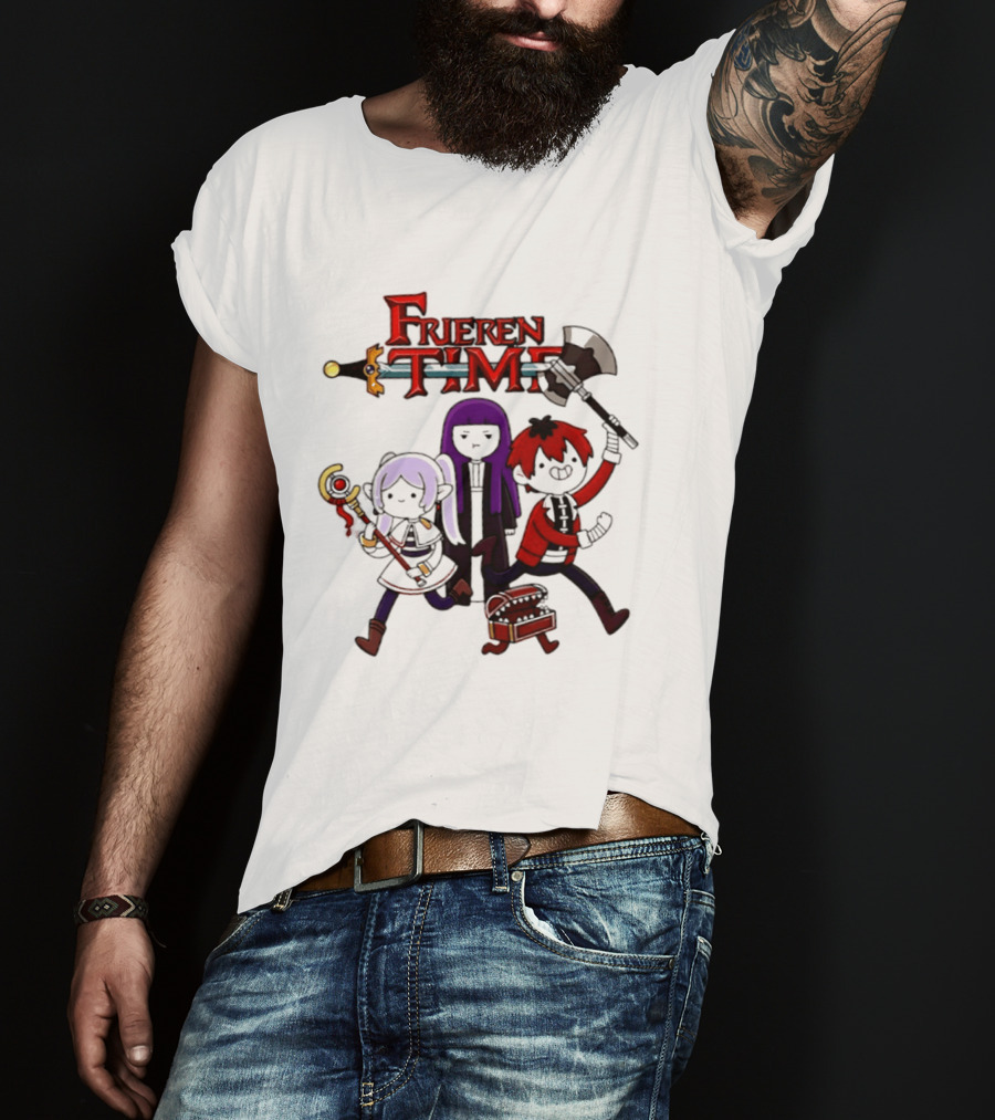 Frieren Time Adventure Time Anime Crossover Characters With Weapons And Staff T-Shirt