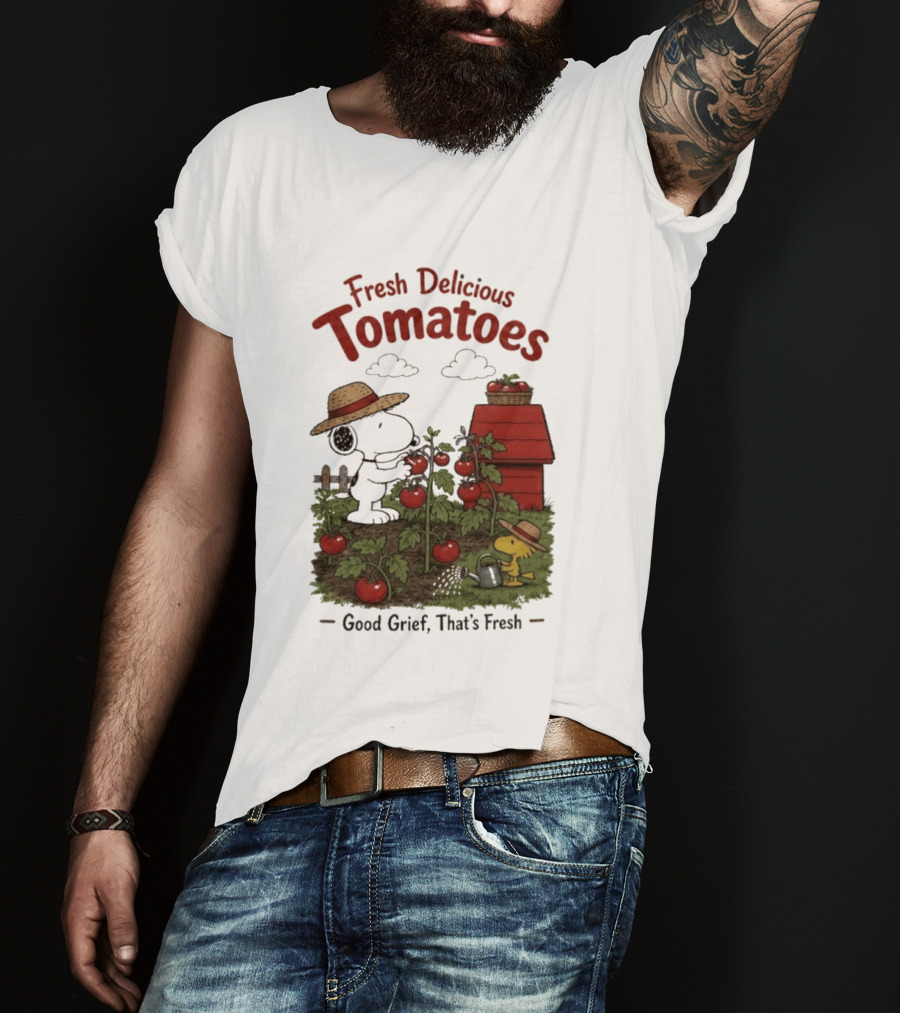 Snoopy Fresh Delicious Tomatoes Good Grief That's Fresh Garden Scene T-Shirt