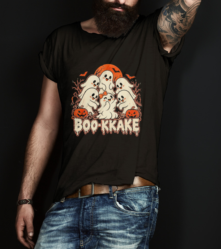 Boo Kkake Japanese Halloween Ghosts Pumpkins Bats Orange Moon T-Shirt