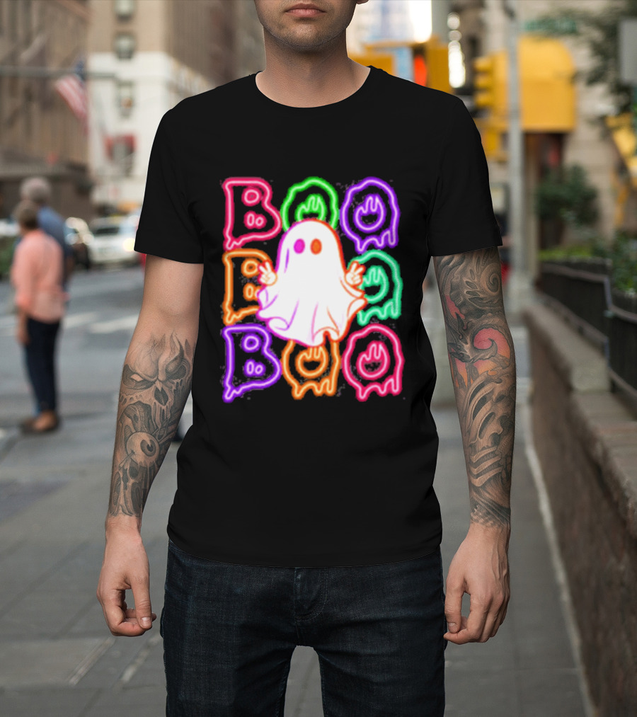 Ghost Boo Neon Halloween Spooky Bright T-Shirt