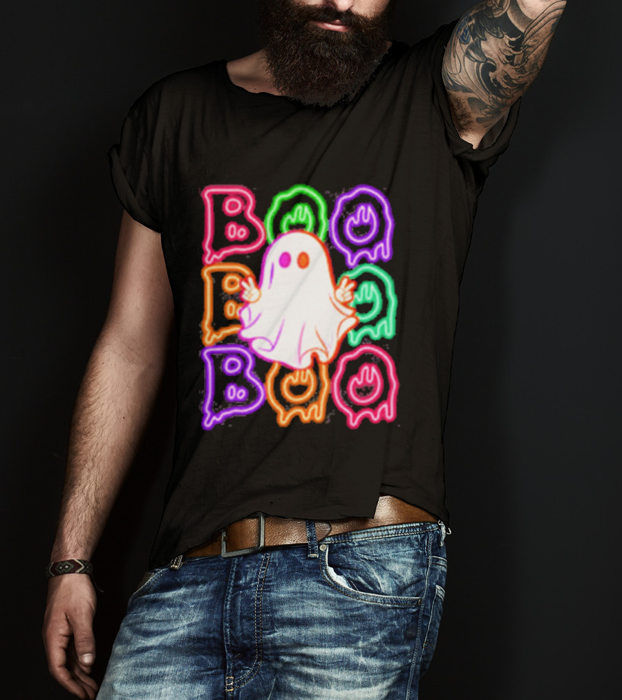 Ghost Boo Neon Halloween Spooky Bright T-Shirt