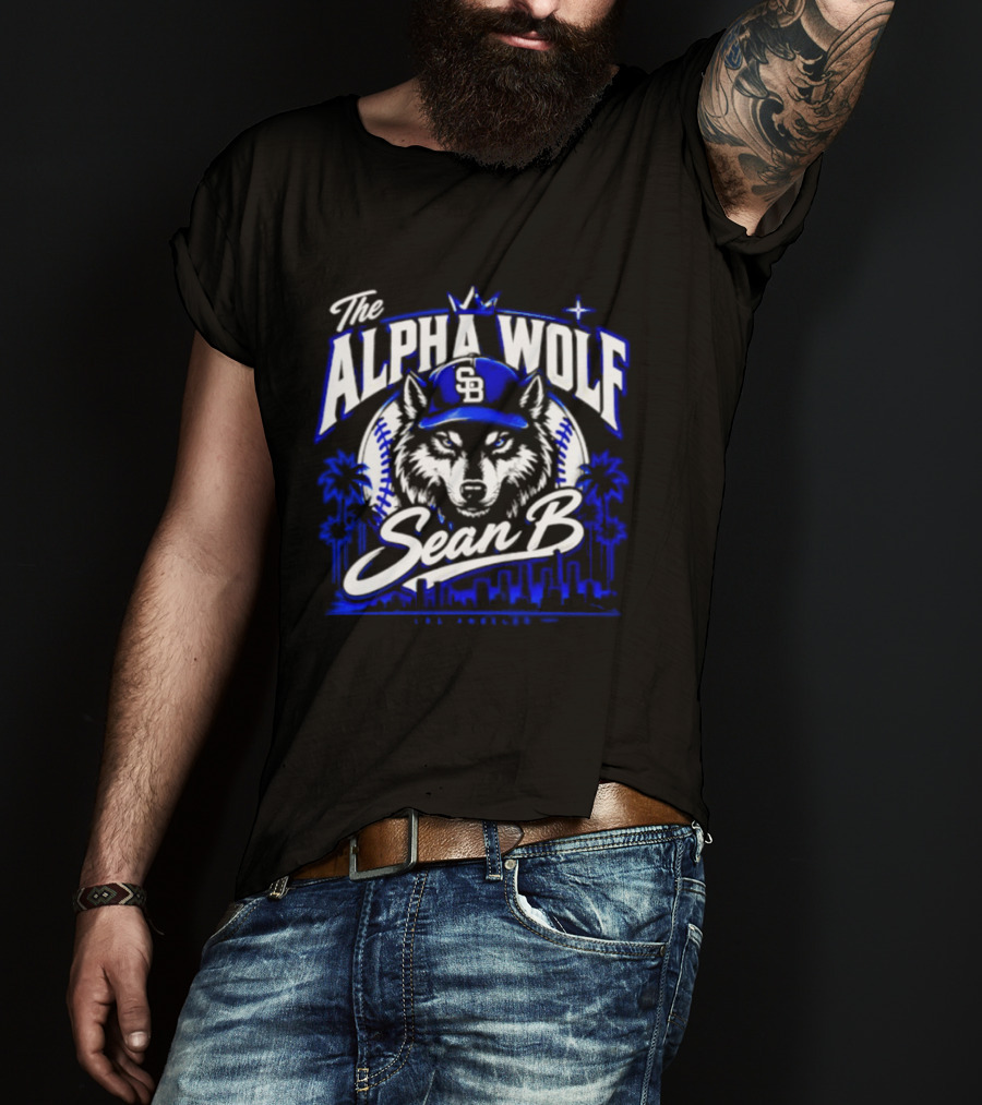 The Alpha Wolf Sean B LA Dodgers Skyline Wolf Baseball Cap Stars Palms T-Shirt