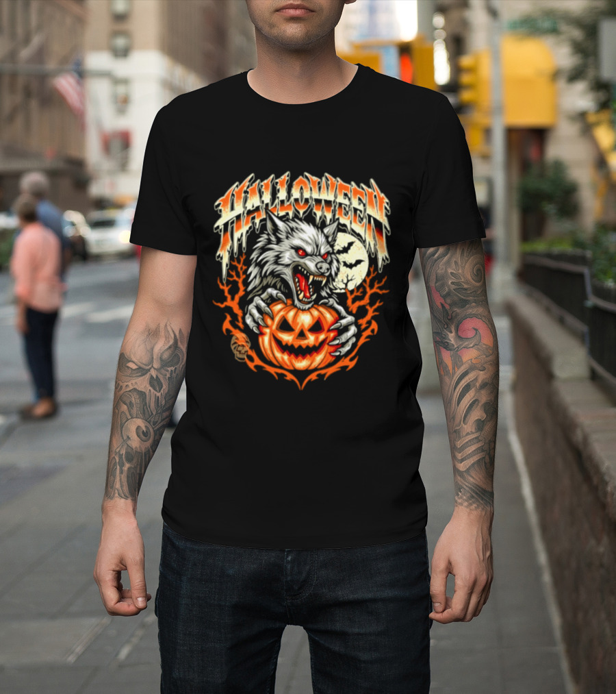 Halloween Werewolf With Jack O' Lantern And Full Moon T-Shirt