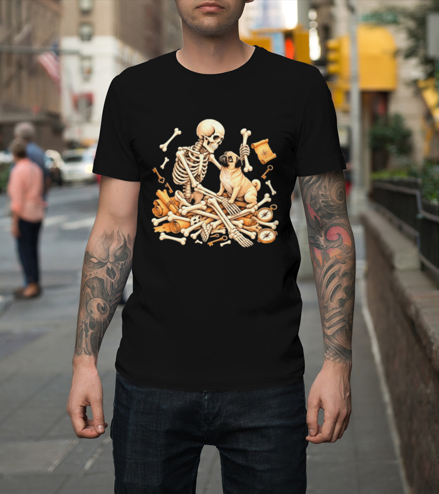 Skeleton And Pug With Bones And Scrolls Halloween Adventure T-Shirt