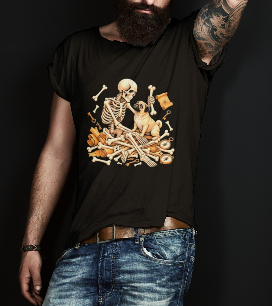 Skeleton And Pug With Bones And Scrolls Halloween Adventure T-Shirt