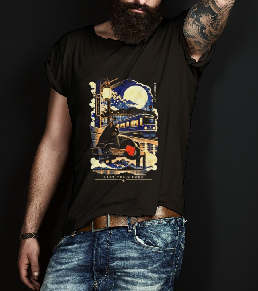 Last Train Home Black Cat Under Moonlit Sky Japanese Aesthetic T-Shirt
