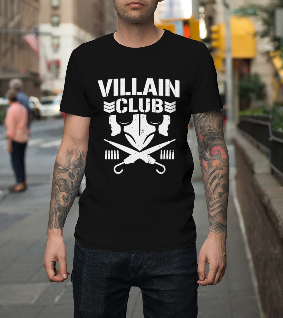 Villain Club Masked Skull With Crossed Umbrellas And Bullets T-Shirt
