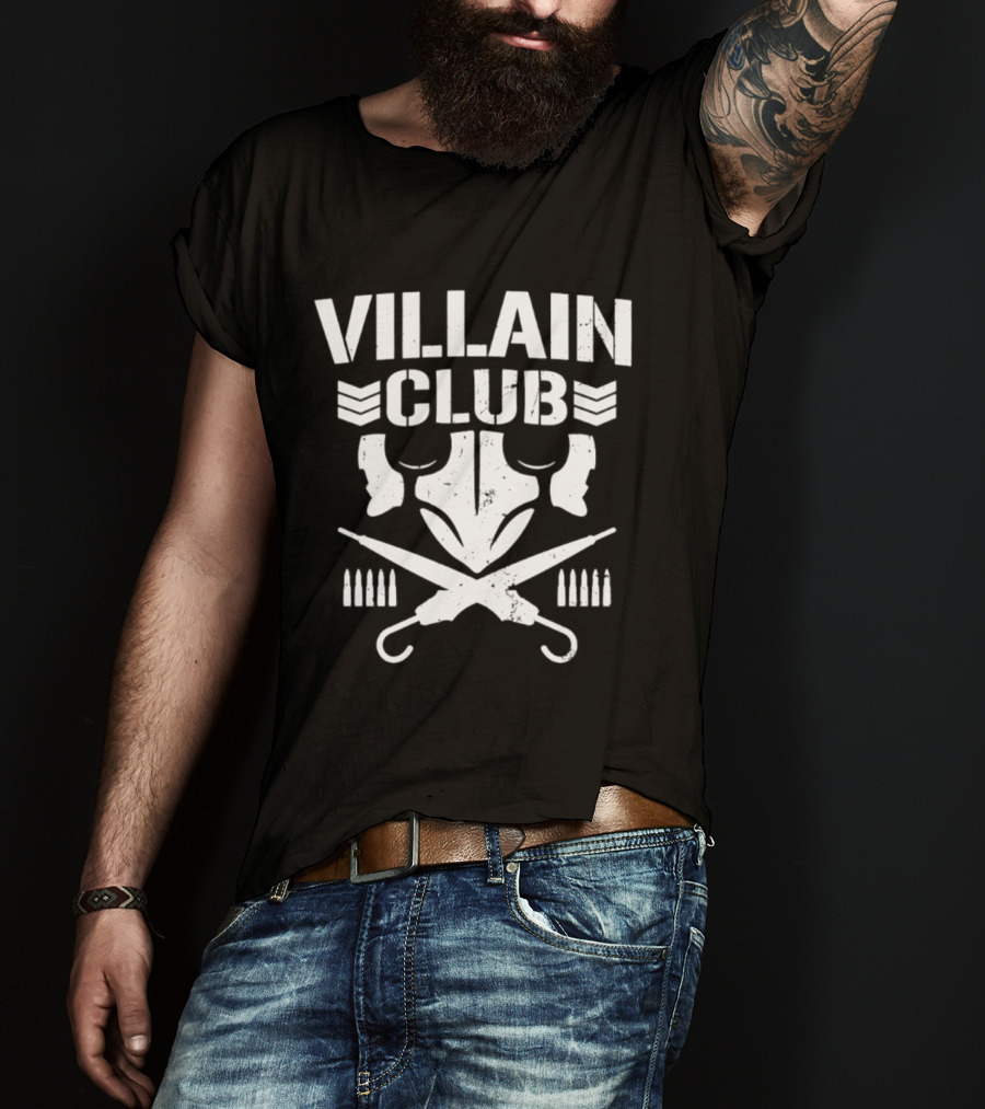 Villain Club Masked Skull With Crossed Umbrellas And Bullets T-Shirt
