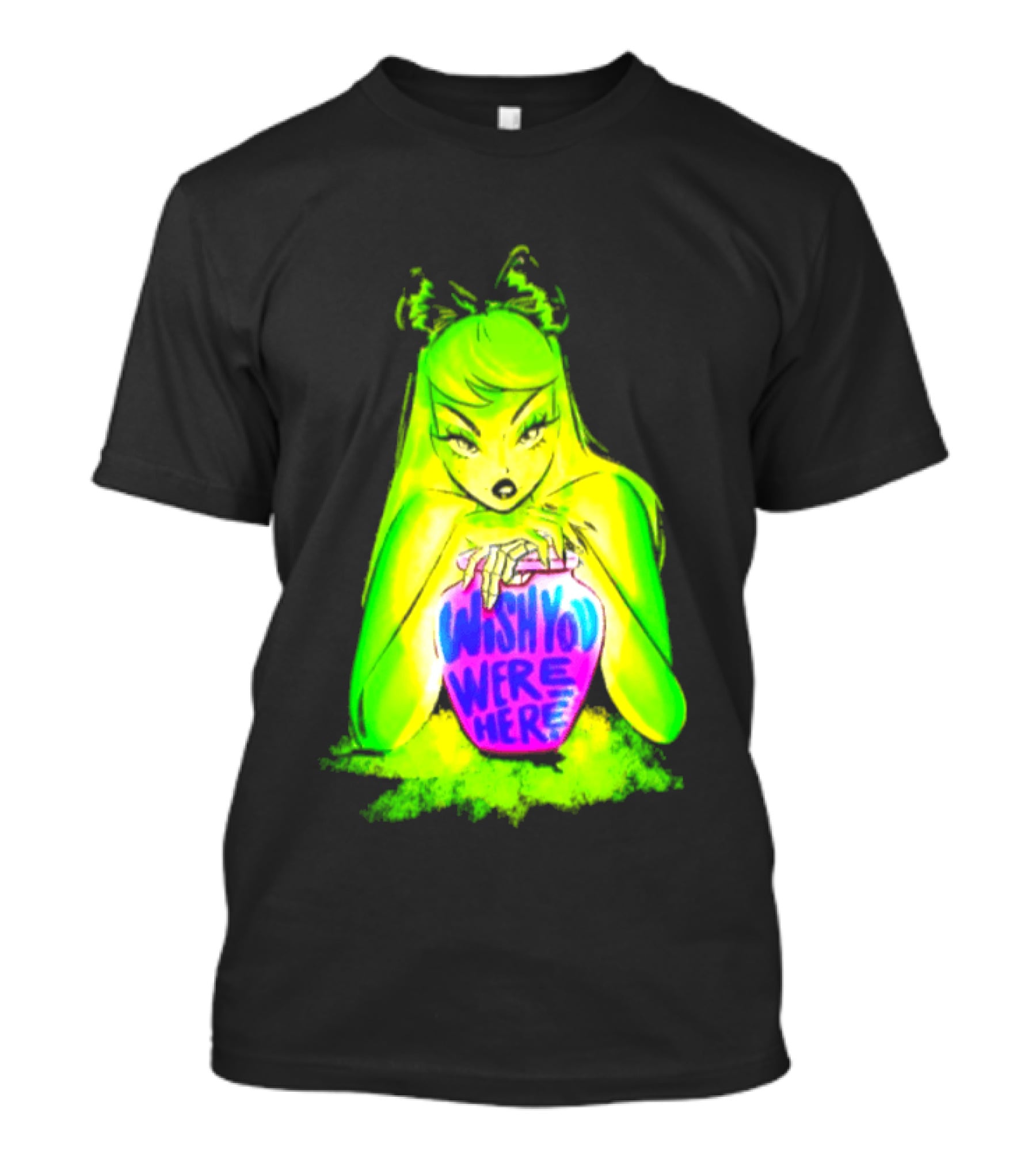 Wish You Were Here Skeleton Urn Goth Spooky Green Yellow Pink Ghostly Aesthetic T-Shirt