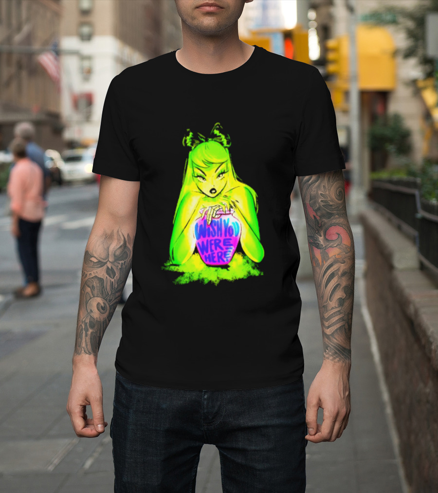 Wish You Were Here Skeleton Urn Goth Spooky Green Yellow Pink Ghostly Aesthetic T-Shirt