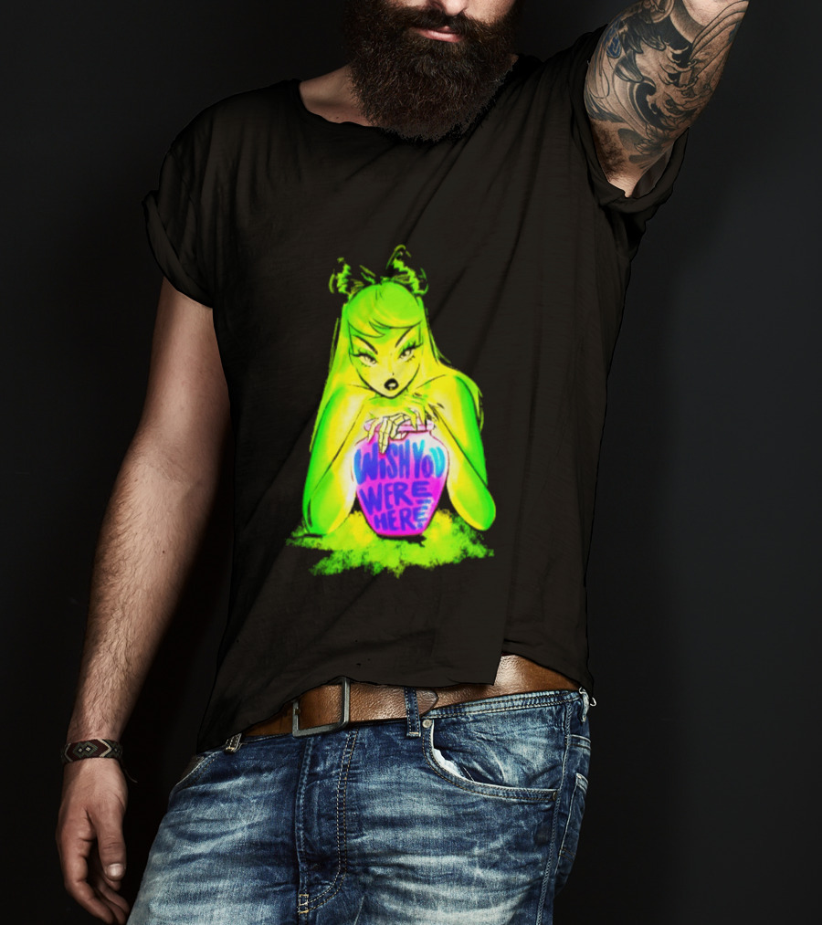 Wish You Were Here Skeleton Urn Goth Spooky Green Yellow Pink Ghostly Aesthetic T-Shirt