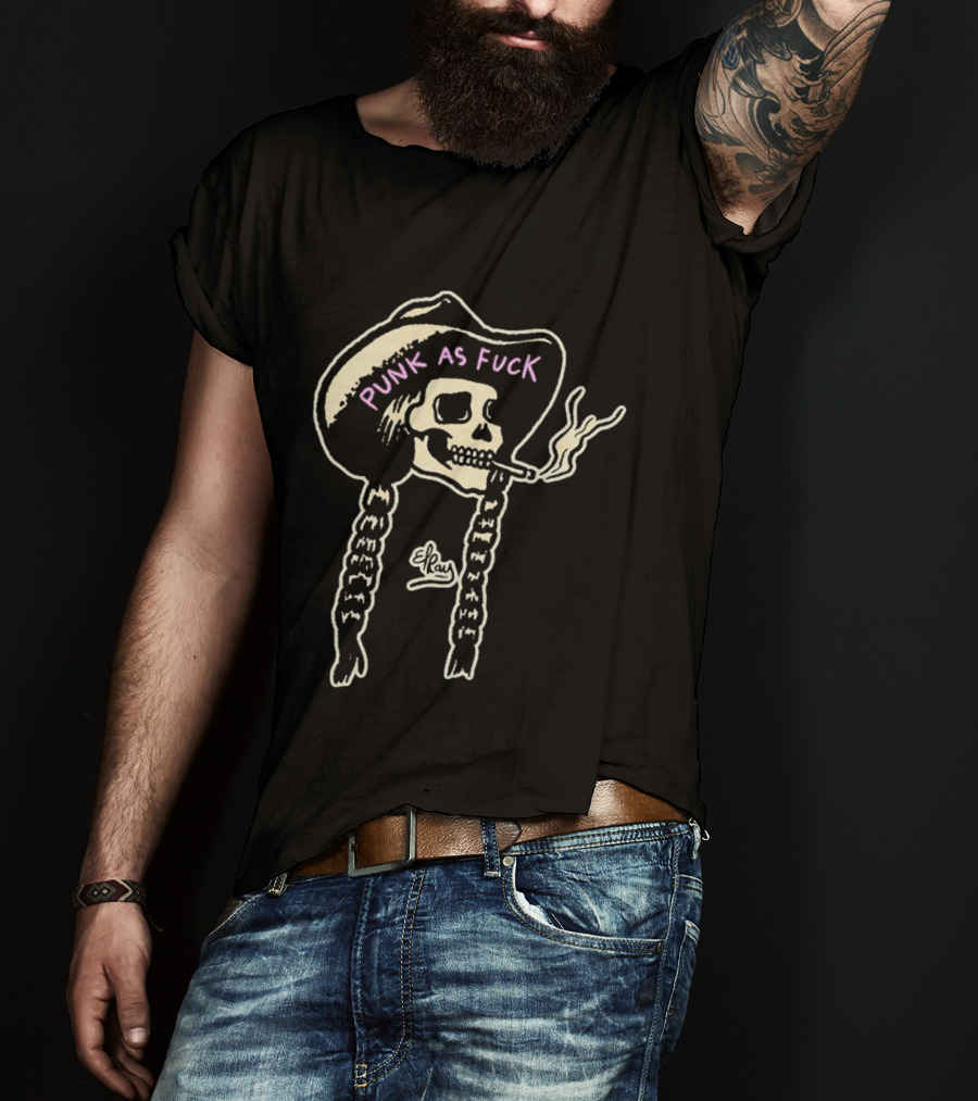 Punk As Fuck Skeleton Smoking Cowboy Hat Braids T-Shirt