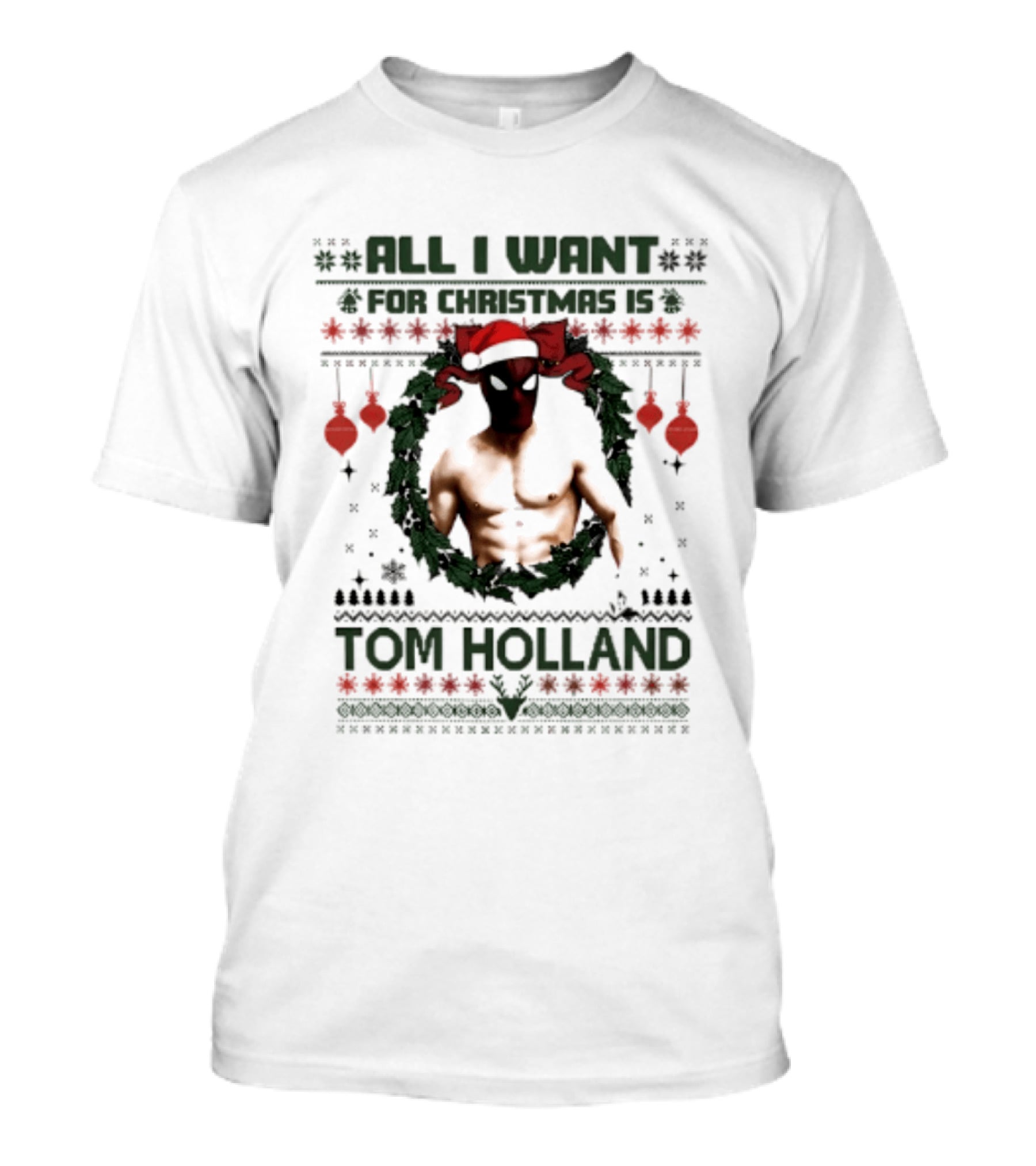 All I Want For Christmas Is Tom Holland Ugly Sweater Spider Man Christmas Wreath T-Shirt