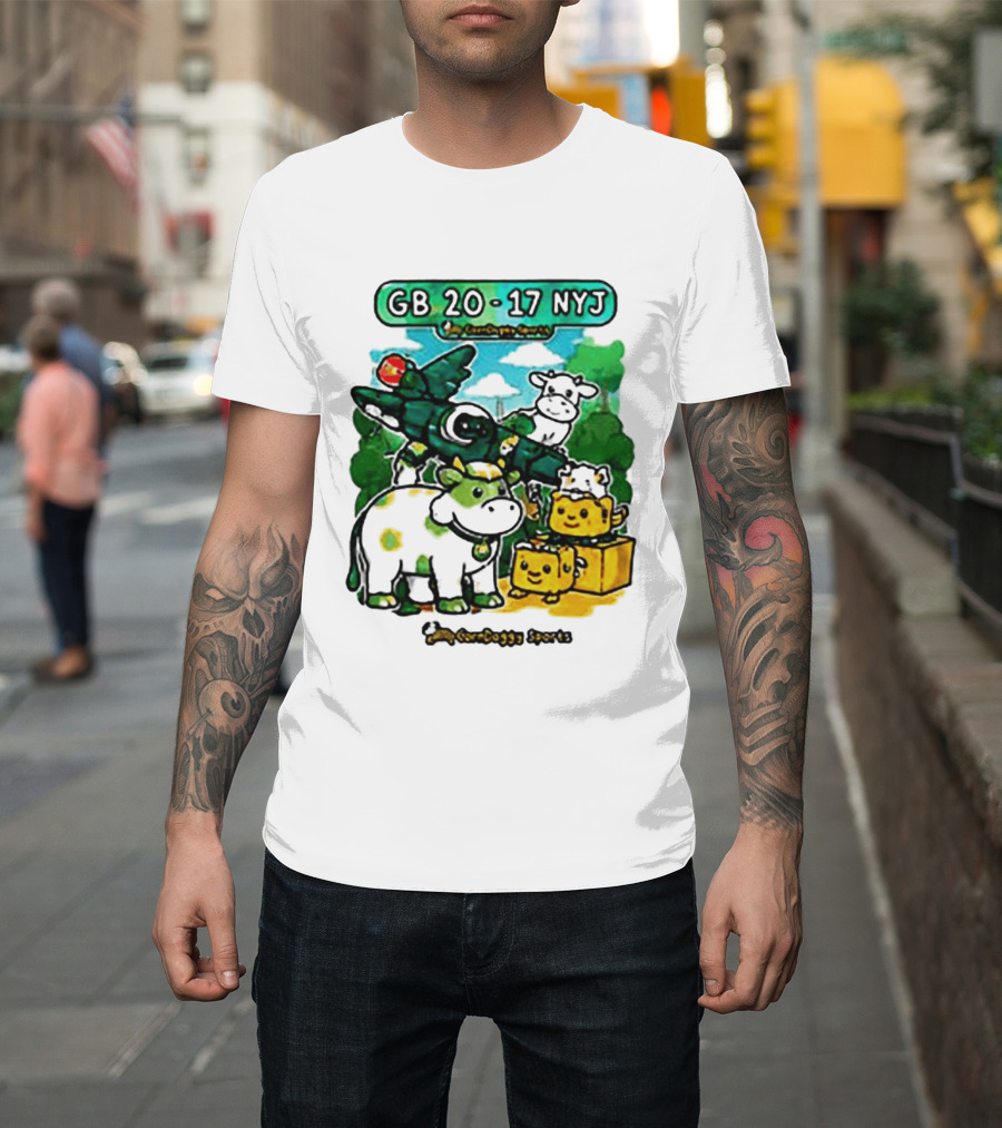 GB 20 17 NYJ Green Bay Football Green Cow Jet Cartoon Game Day T-Shirt