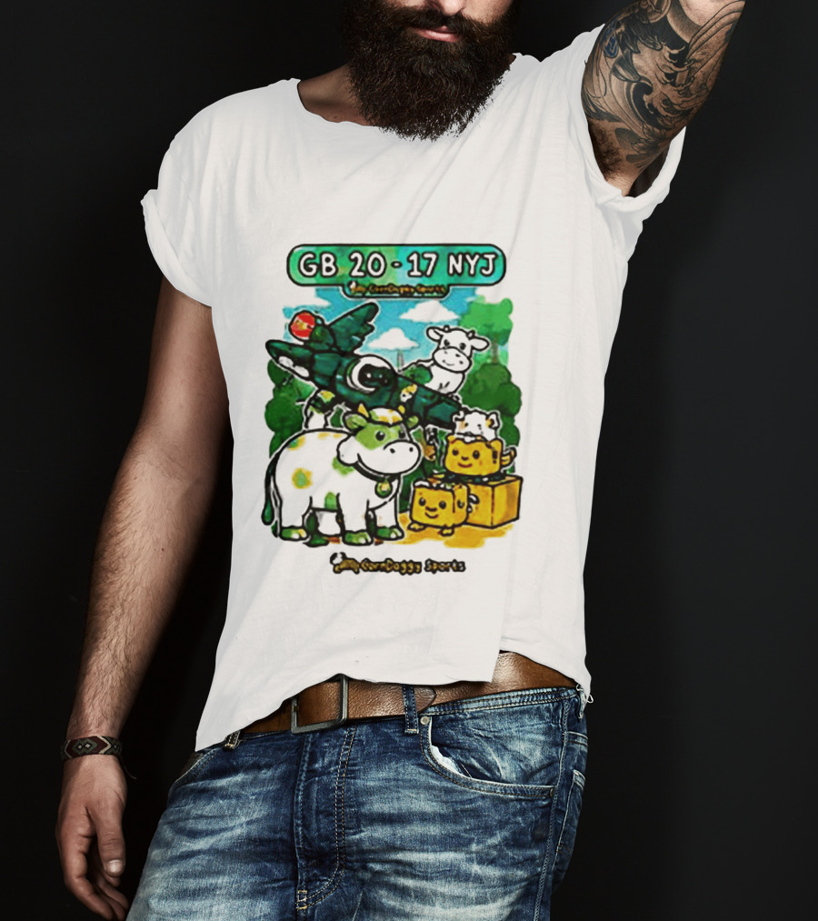 GB 20 17 NYJ Green Bay Football Green Cow Jet Cartoon Game Day T-Shirt