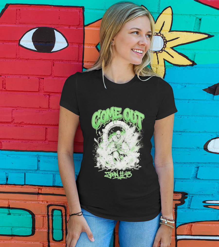 Come Out John 11 43 Mummy Bible Verse Green Drip T-Shirt