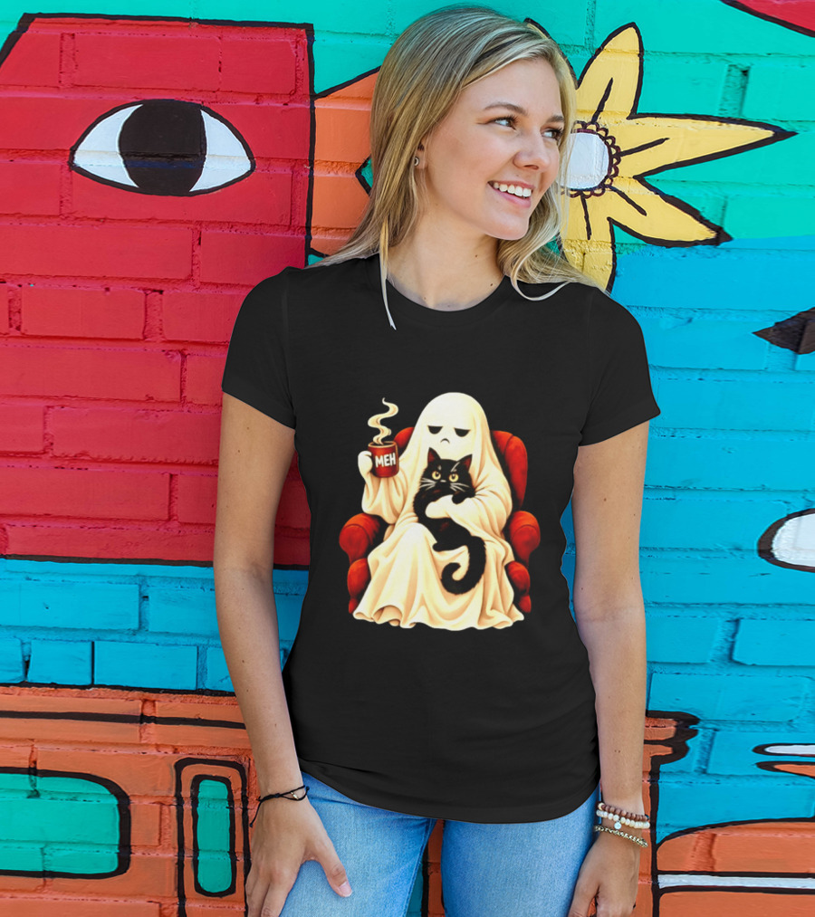 Ghost And Black Cat On Red Chair With Meh Coffee T-Shirt