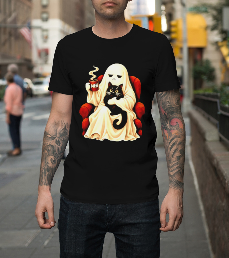 Ghost And Black Cat On Red Chair With Meh Coffee T-Shirt