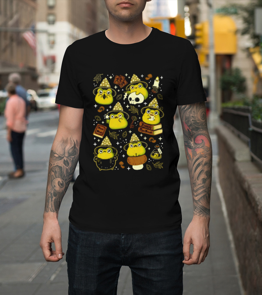Witchy Froggy Spellbook Black Magic Poison Wizard Hat Mushrooms Potion Bottles T-Shirt
