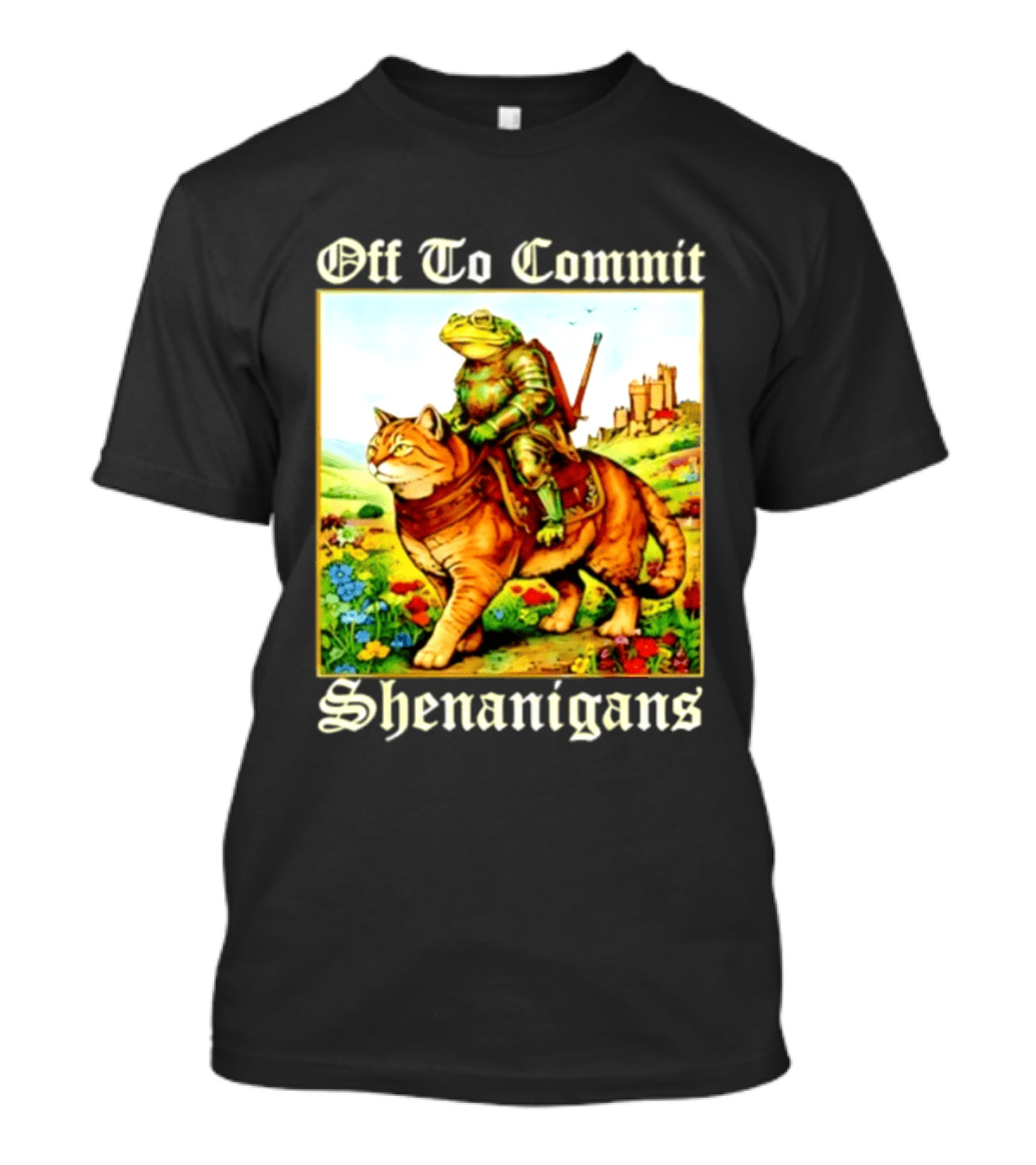 Off To Commit Shenanigans Frog Knight Riding Cat Medieval Adventure T-Shirt