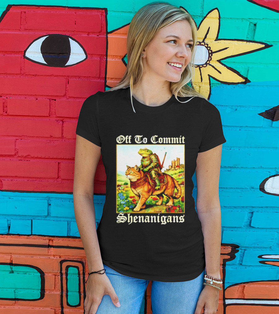 Off To Commit Shenanigans Frog Knight Riding Cat Medieval Adventure T-Shirt