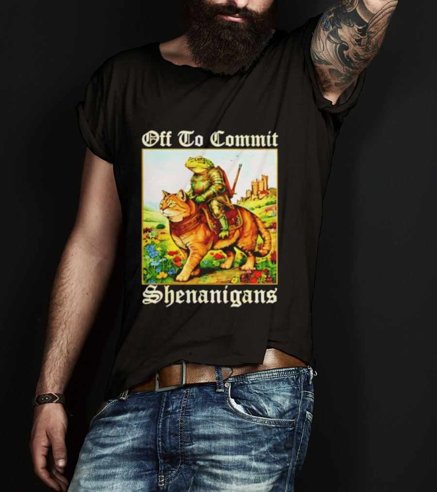 Off To Commit Shenanigans Frog Knight Riding Cat Medieval Adventure T-Shirt
