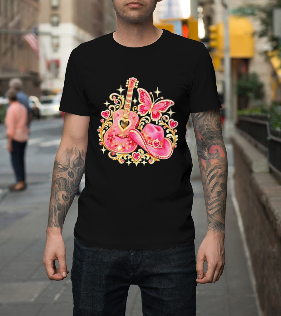 Pink Rhinestone Guitar Cowboy Hat Butterfly Hearts Sparkles T-Shirt