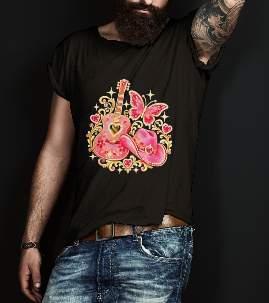 Pink Rhinestone Guitar Cowboy Hat Butterfly Hearts Sparkles T-Shirt