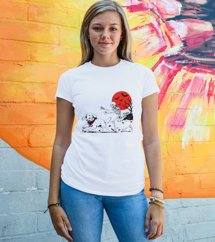 Golden Retriever And Skeleton Chase Under Red Moon With Bats And Pumpkin T-Shirt