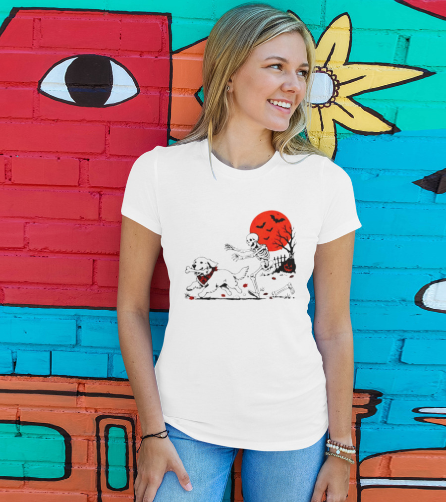 Golden Retriever And Skeleton Chase Under Red Moon With Bats And Pumpkin T-Shirt
