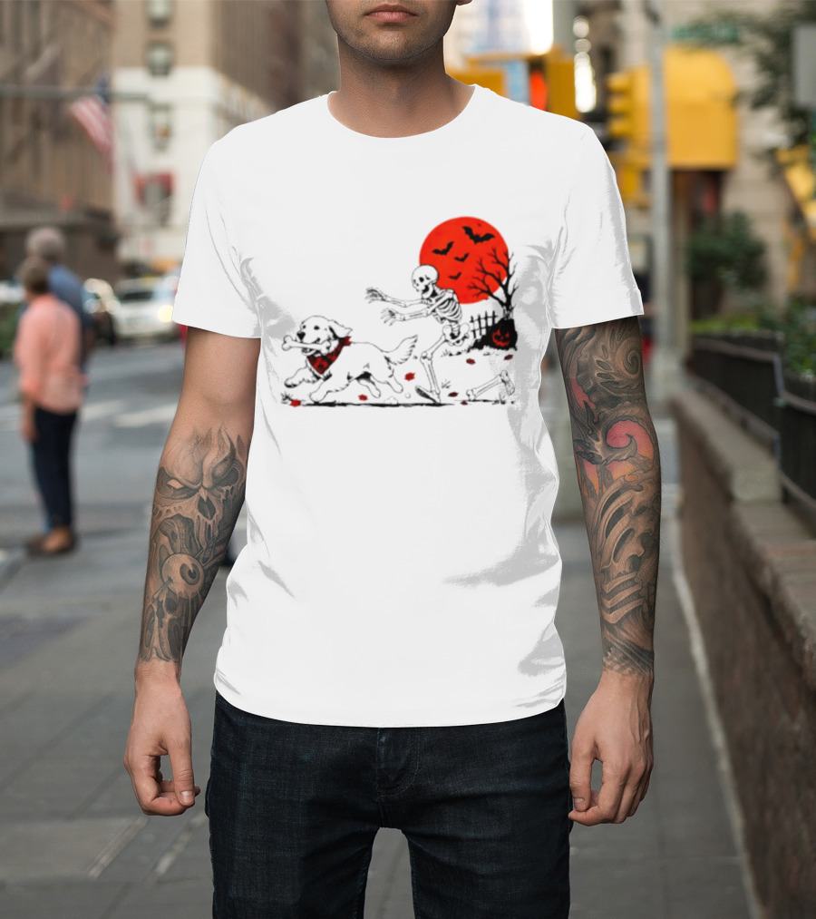 Golden Retriever And Skeleton Chase Under Red Moon With Bats And Pumpkin T-Shirt