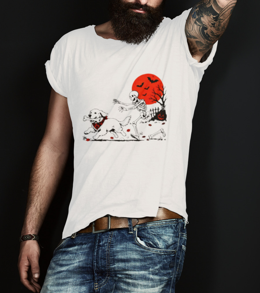 Golden Retriever And Skeleton Chase Under Red Moon With Bats And Pumpkin T-Shirt