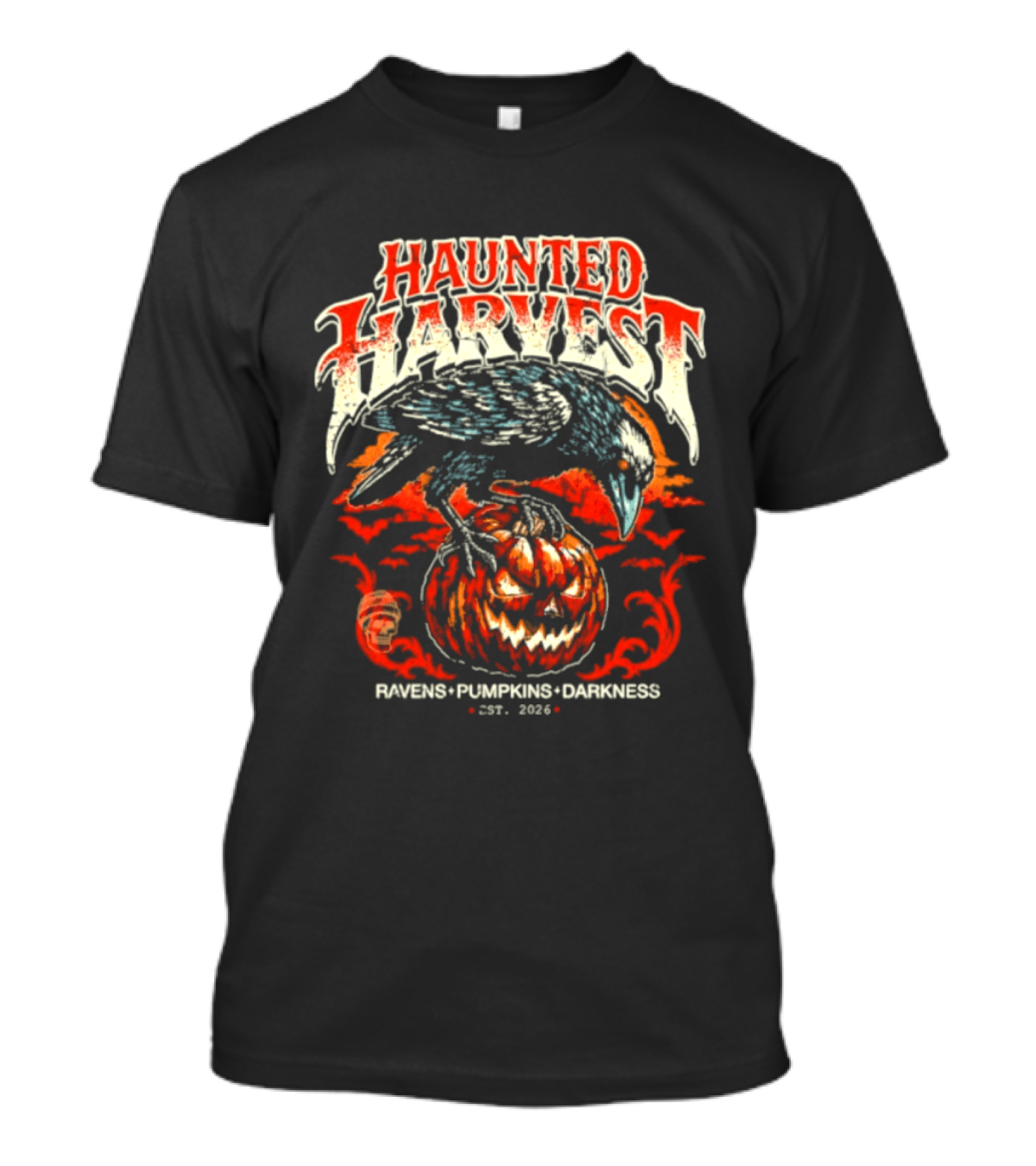 Haunted Harvest Ravens Pumpkins Darkness Est 2026 T-Shirt