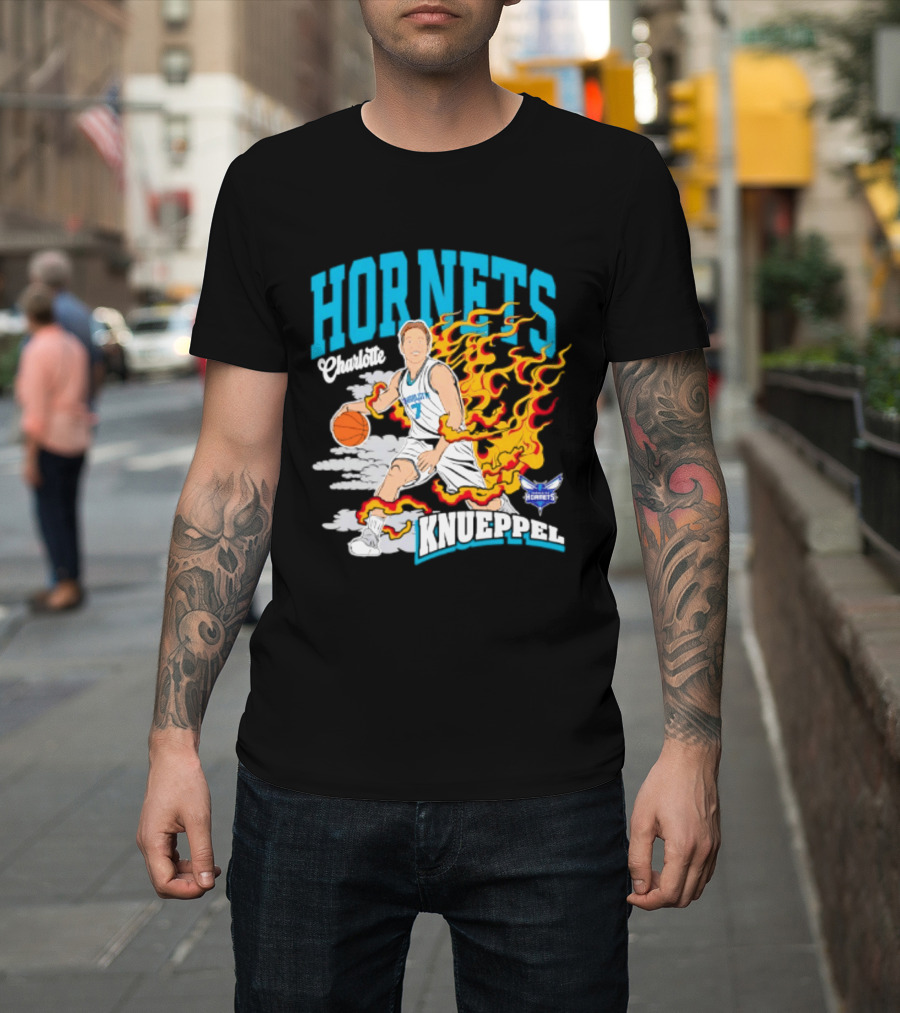 Charlotte Hornets Kon Knueppel Basketball With Flames Motif T-Shirt