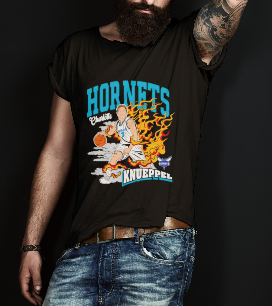 Charlotte Hornets Kon Knueppel Basketball With Flames Motif T-Shirt