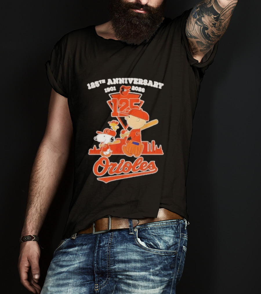 Peanuts Snoopy Baltimore Orioles 125th Anniversary 1901 2026 Skyline Baseball T-Shirt